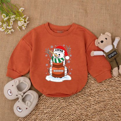 Personalized Lucas Football Snowman Christmas Baby Bodysuit with Blue Snowflakes, Festive Winter Outfit and Santa Hat Newborn Gift for Football Lovers