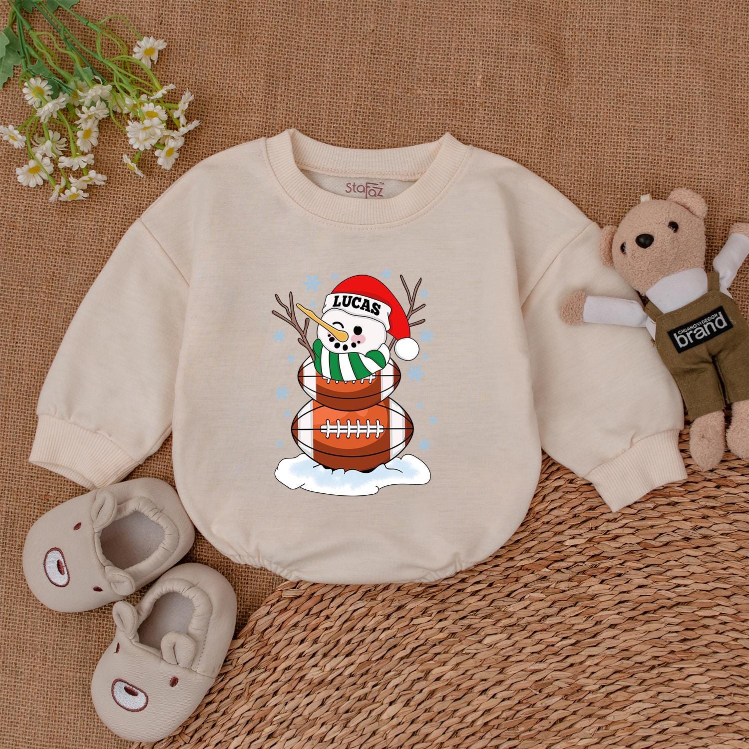 Personalized Lucas Football Snowman Christmas Baby Bodysuit with Blue Snowflakes, Festive Winter Outfit and Santa Hat Newborn Gift for Football Lovers