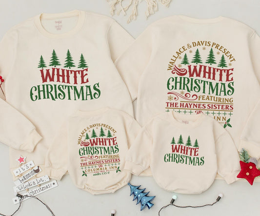 White Christmas Vintage Family Matching Sweatshirt Retro Green Trees Snowflakes Mama and Mini Holiday Outfit Newborn Baby Romper Gift Set