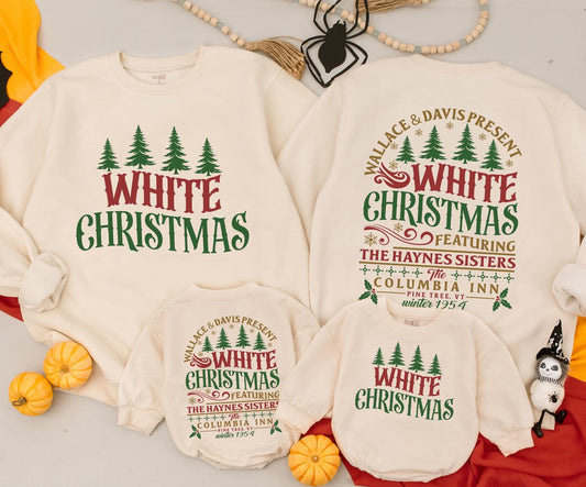 White Christmas Vintage Family Matching Sweatshirt Retro Green Trees Snowflakes Mama and Mini Holiday Outfit Newborn Baby Romper Gift Set