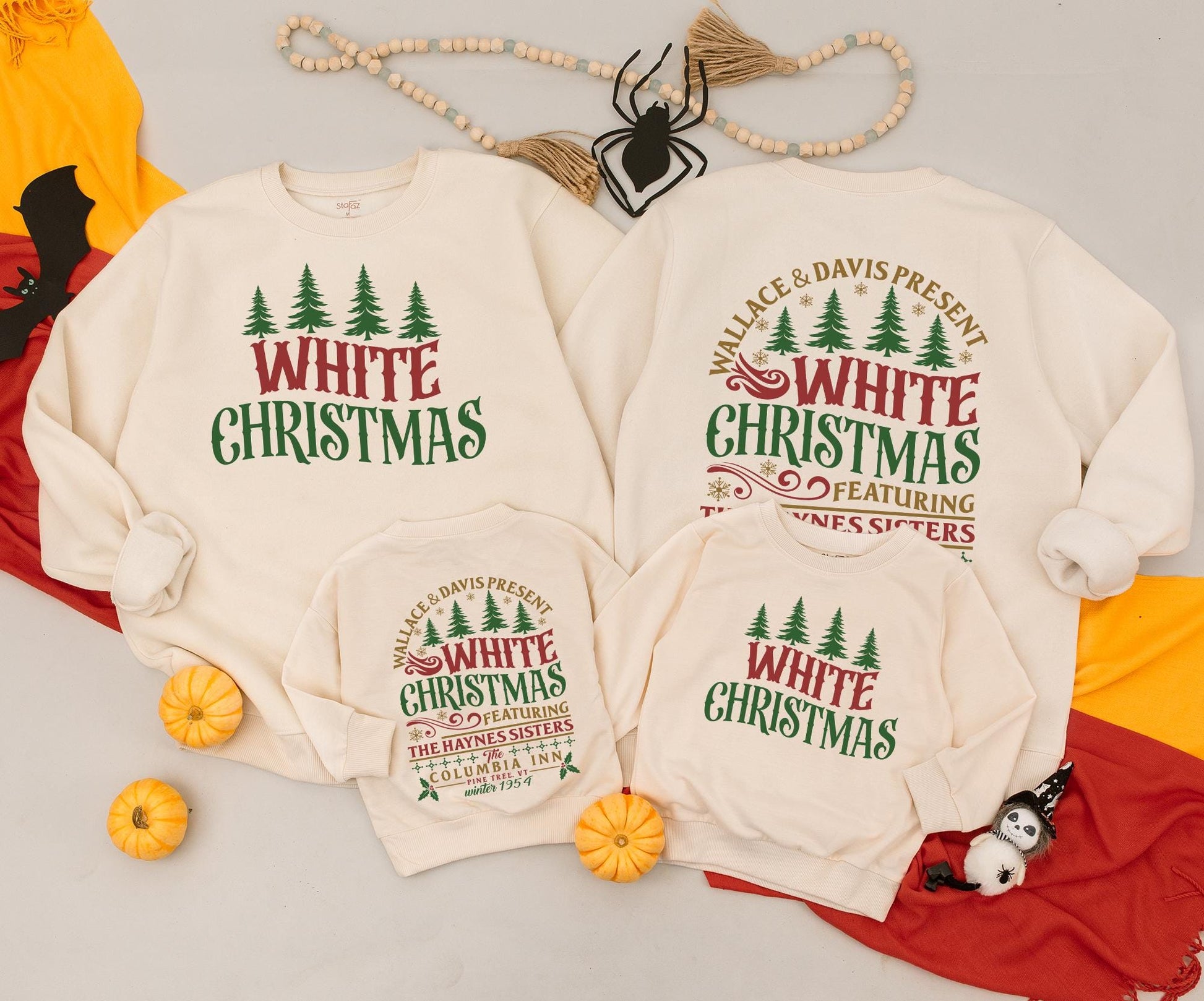 White Christmas Vintage Family Matching Sweatshirt Retro Green Trees Snowflakes Mama and Mini Holiday Outfit Newborn Baby Romper Gift Set