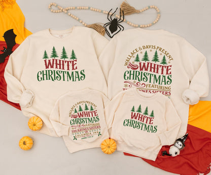 White Christmas Vintage Family Matching Sweatshirt Retro Green Trees Snowflakes Mama and Mini Holiday Outfit Newborn Baby Romper Gift Set