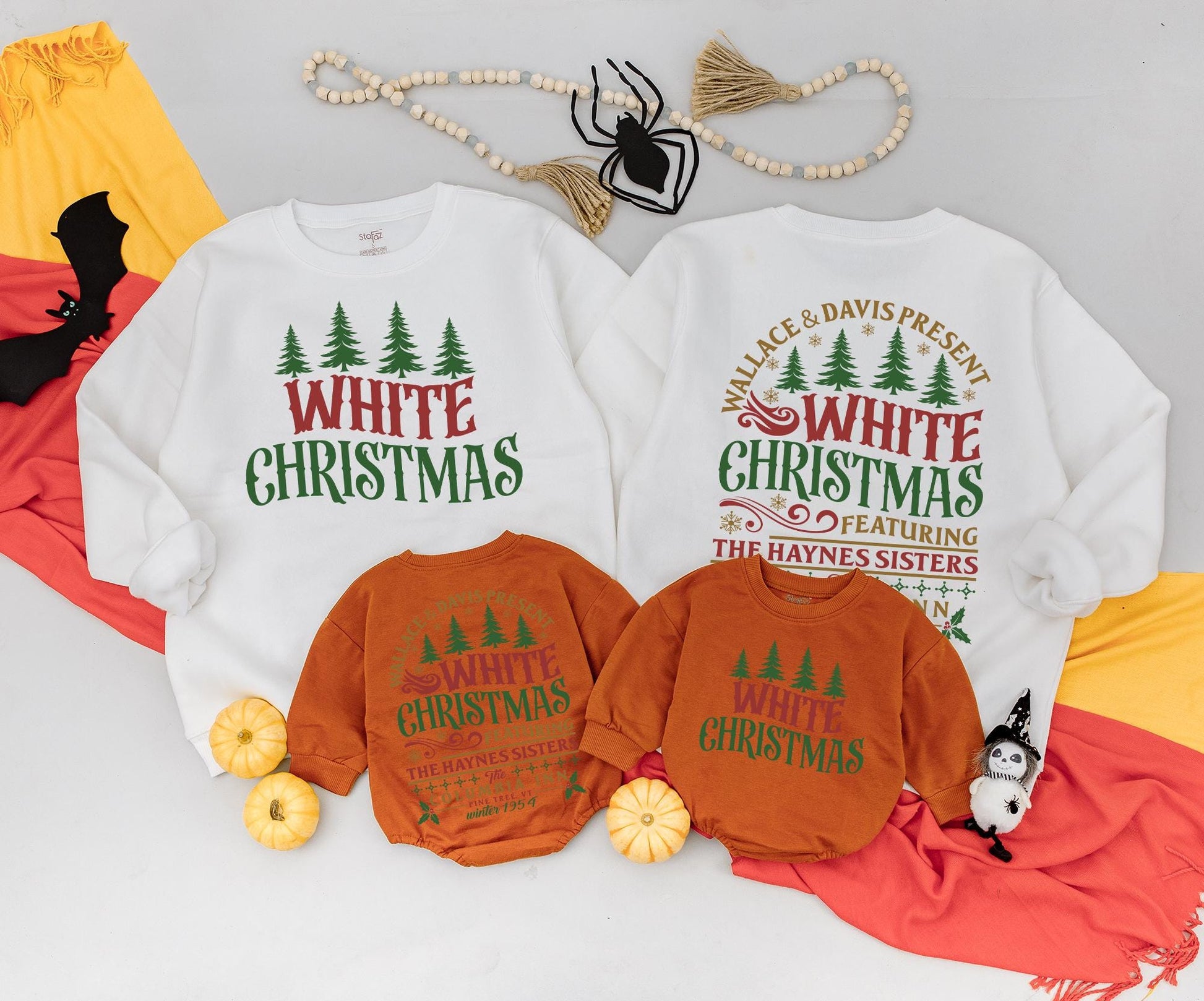 White Christmas Vintage Family Matching Sweatshirt Retro Green Trees Snowflakes Mama and Mini Holiday Outfit Newborn Baby Romper Gift Set