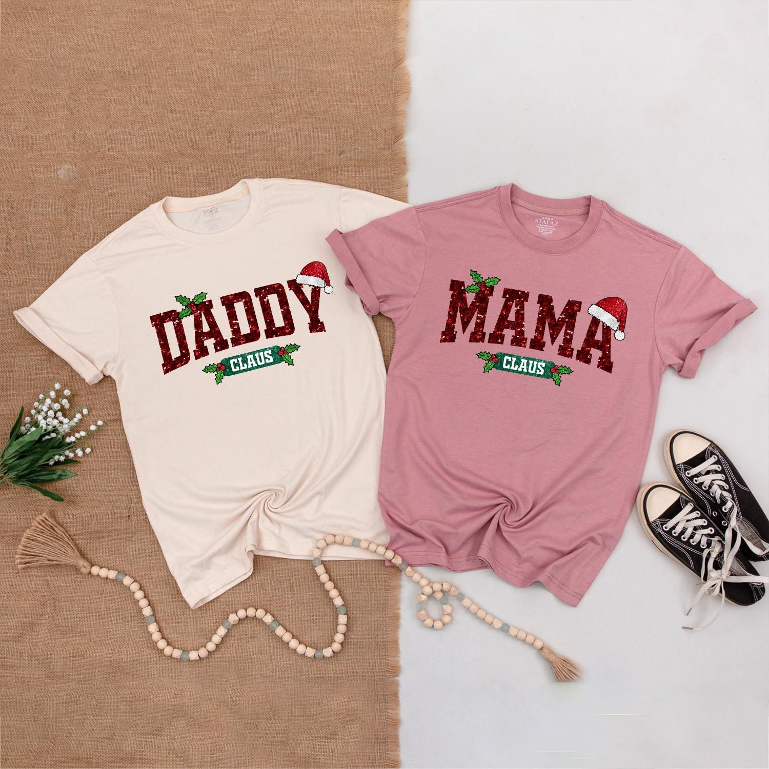 Matching Family Claus Christmas Shirts, Mama Daddy Sister Mini Outfits, Sparkly Red Holiday Tees, Santa Hats, Cute Newborn Baby Clothes Gift (139 chars)