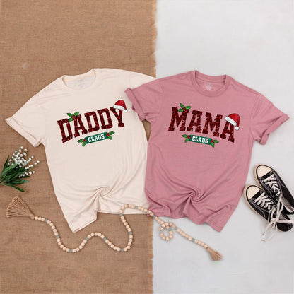 Matching Family Claus Christmas Shirts, Mama Daddy Sister Mini Outfits, Sparkly Red Holiday Tees, Santa Hats, Cute Newborn Baby Clothes Gift (139 chars)