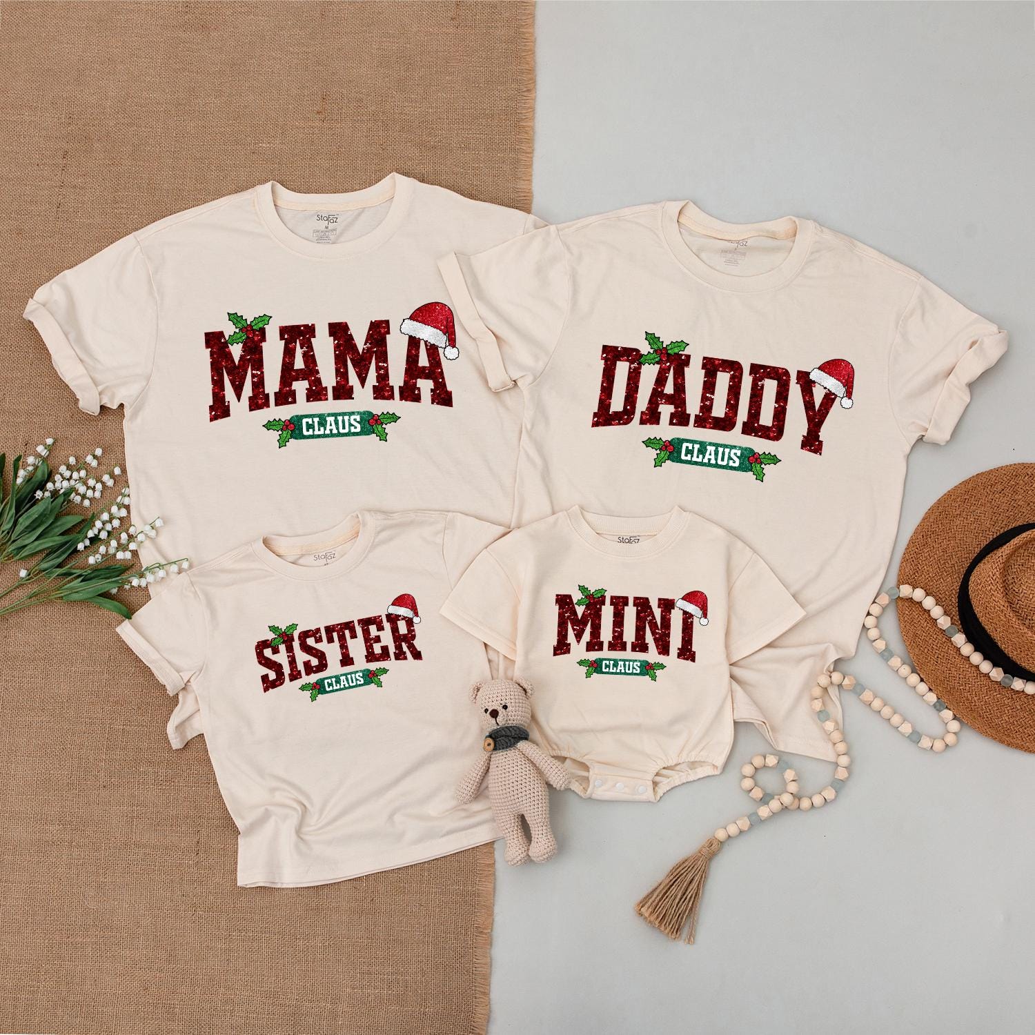 Matching Family Claus Christmas Shirts, Mama Daddy Sister Mini Outfits, Sparkly Red Holiday Tees, Santa Hats, Cute Newborn Baby Clothes Gift (139 chars)