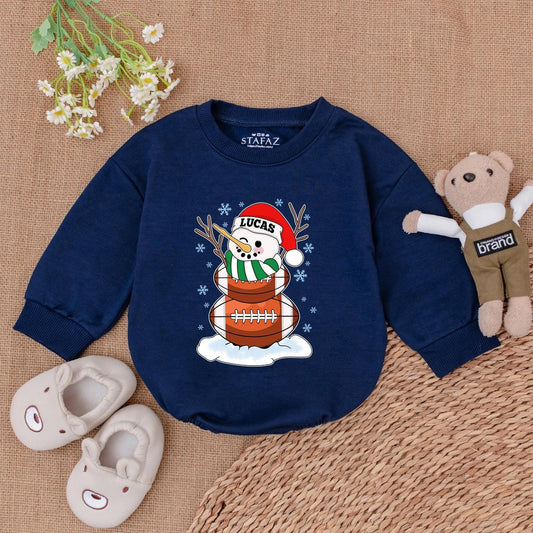 Personalized Lucas Football Snowman Christmas Baby Bodysuit with Blue Snowflakes, Festive Winter Outfit and Santa Hat Newborn Gift for Football Lovers