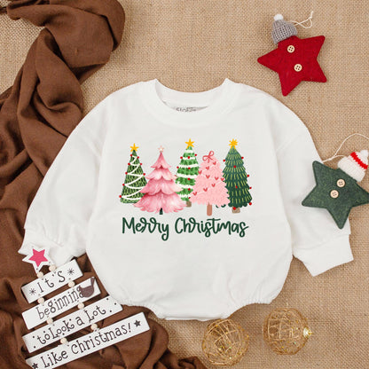 Merry Christmas Baby Girl Bubble Romper Outfit with Festive Tree Design Newborn & Infant Holiday Clothes