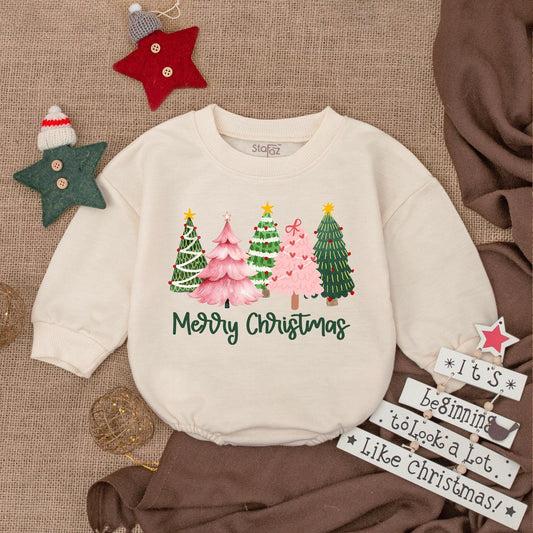 Merry Christmas Baby Girl Bubble Romper Outfit with Festive Tree Design Newborn & Infant Holiday Clothes