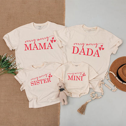 Very Merry Christmas Matching Family Shirts, Mama Mini Claus Outfit, Red Heart Holiday Tees, Baby Bodysuit, Newborn Gift Set, Festive Xmas Apparel (139 chars)
