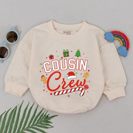 Cousin Crew Christmas Romper Retro Baby Bodysuit Festive Vintage Holiday Outfit First Christmas Gift Gingerbread Tree Snowflakes Fun