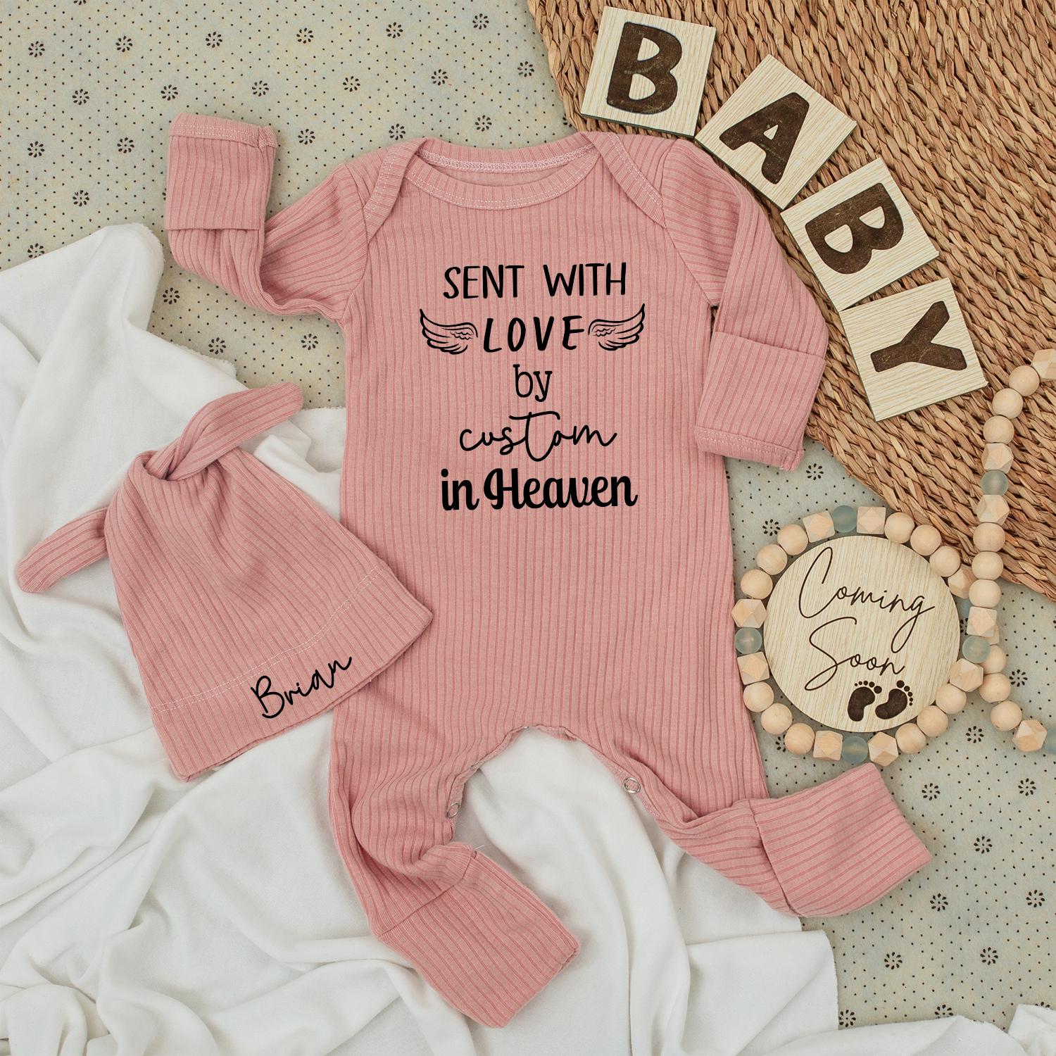 Personalized Heaven Sent Baby Bodysuit and Hat Set featuring "Sent with Love by Grandma in Heaven" and Custom Baby Name