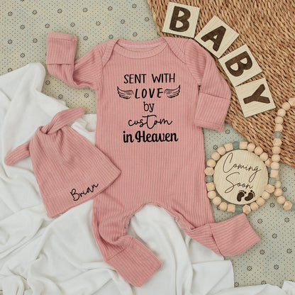 Personalized Heaven Sent Baby Bodysuit and Hat Set featuring "Sent with Love by Grandma in Heaven" and Custom Baby Name