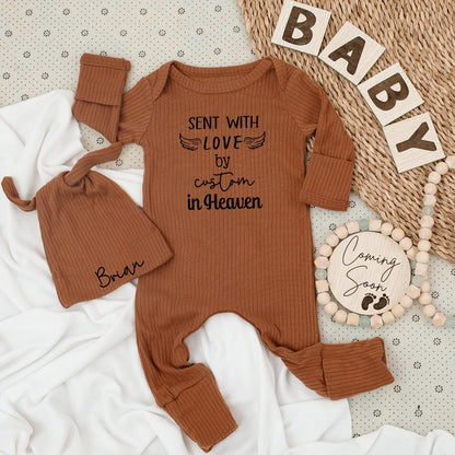 Personalized Heaven Sent Baby Bodysuit and Hat Set featuring "Sent with Love by Grandma in Heaven" and Custom Baby Name