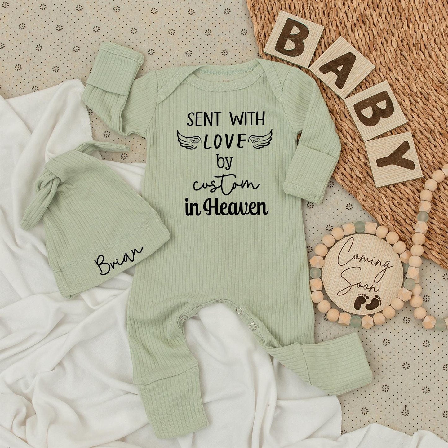 Personalized Heaven Sent Baby Bodysuit and Hat Set featuring "Sent with Love by Grandma in Heaven" and Custom Baby Name