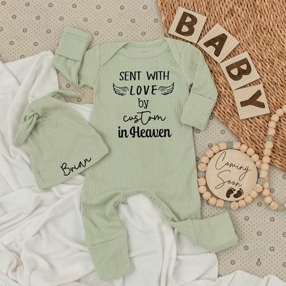 Personalized Heaven Sent Baby Bodysuit and Hat Set featuring "Sent with Love by Grandma in Heaven" and Custom Baby Name