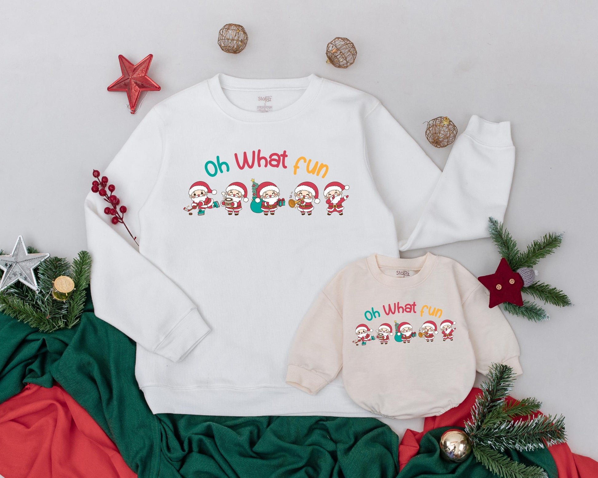 Personalized Mama and Mini Matching Christmas Sweatshirts featuring playful "Oh What Fun" Santa figures Mom Daughter Baby Romper Gift