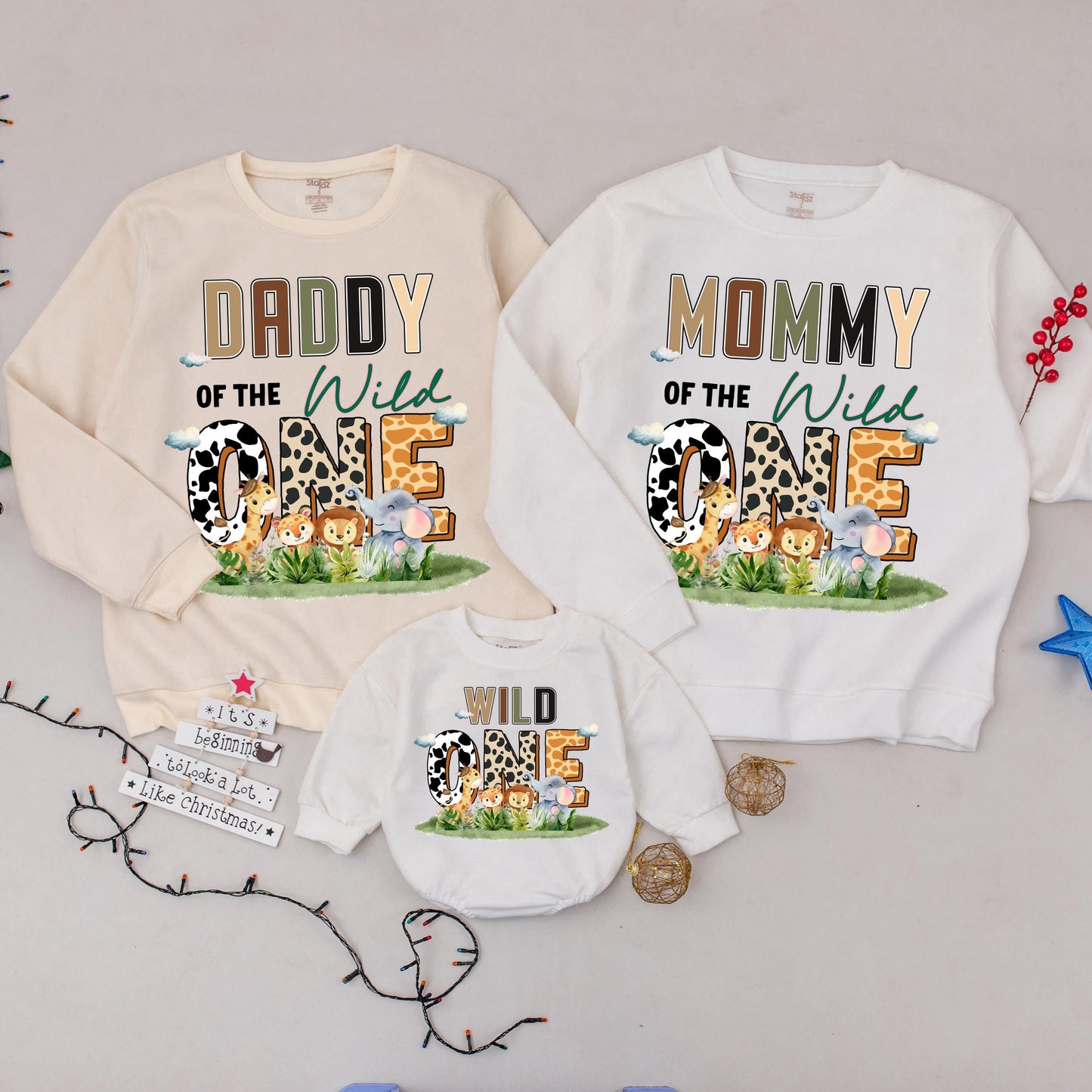 Wild One Family Matching Sweatshirts 1st Birthday Safari Mommy Daddy Baby Of The Wild One Zoo Animal Theme Earth Tone Print