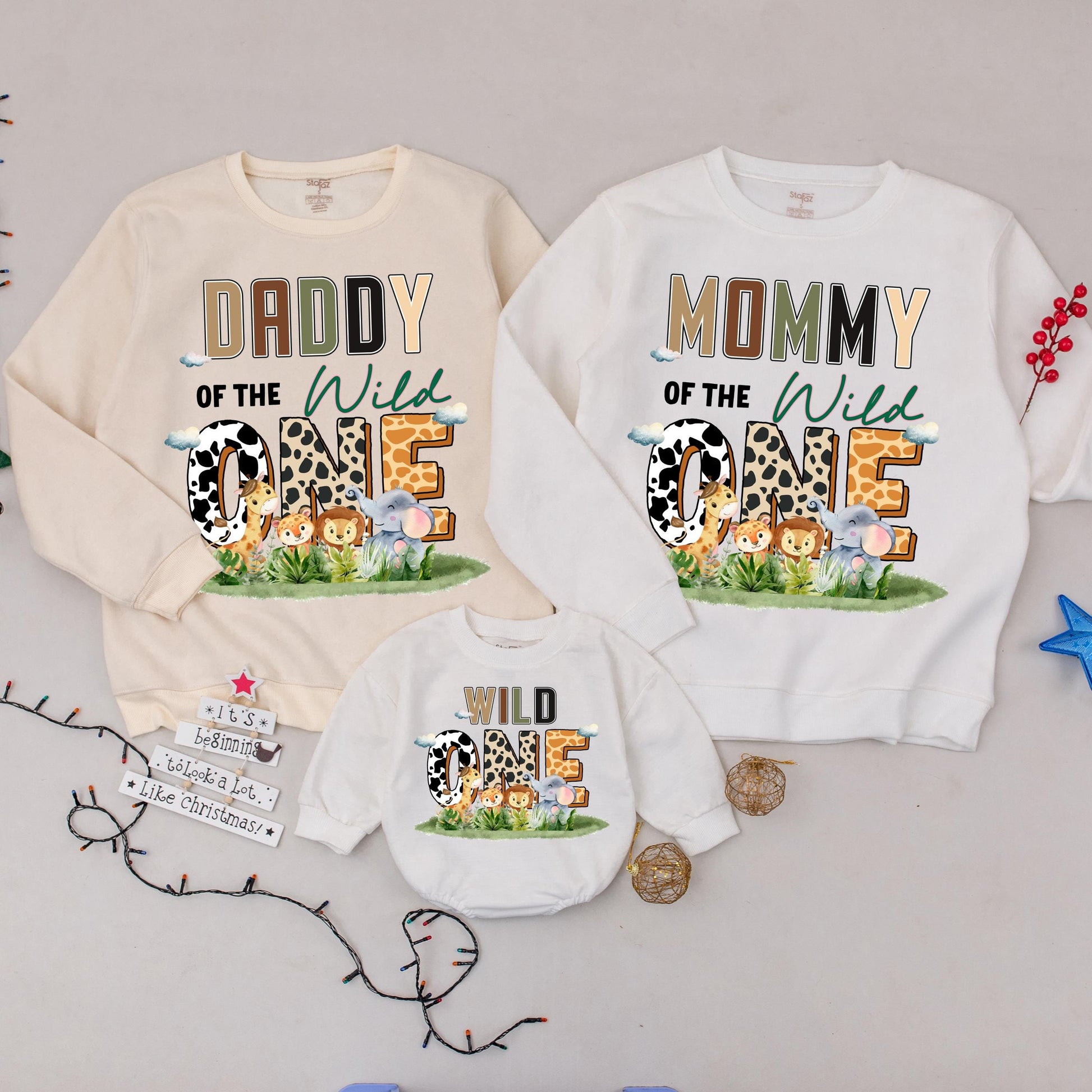Wild One Family Matching Sweatshirts 1st Birthday Safari Mommy Daddy Baby Of The Wild One Zoo Animal Theme Earth Tone Print