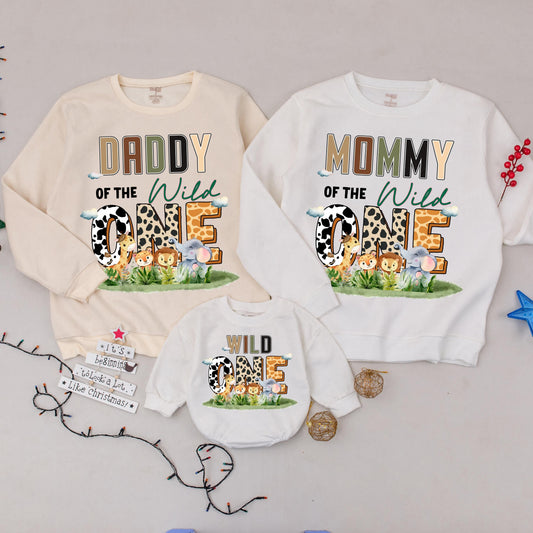 Wild One Family Matching Sweatshirts 1st Birthday Safari Mommy Daddy Baby Of The Wild One Zoo Animal Theme Earth Tone Print