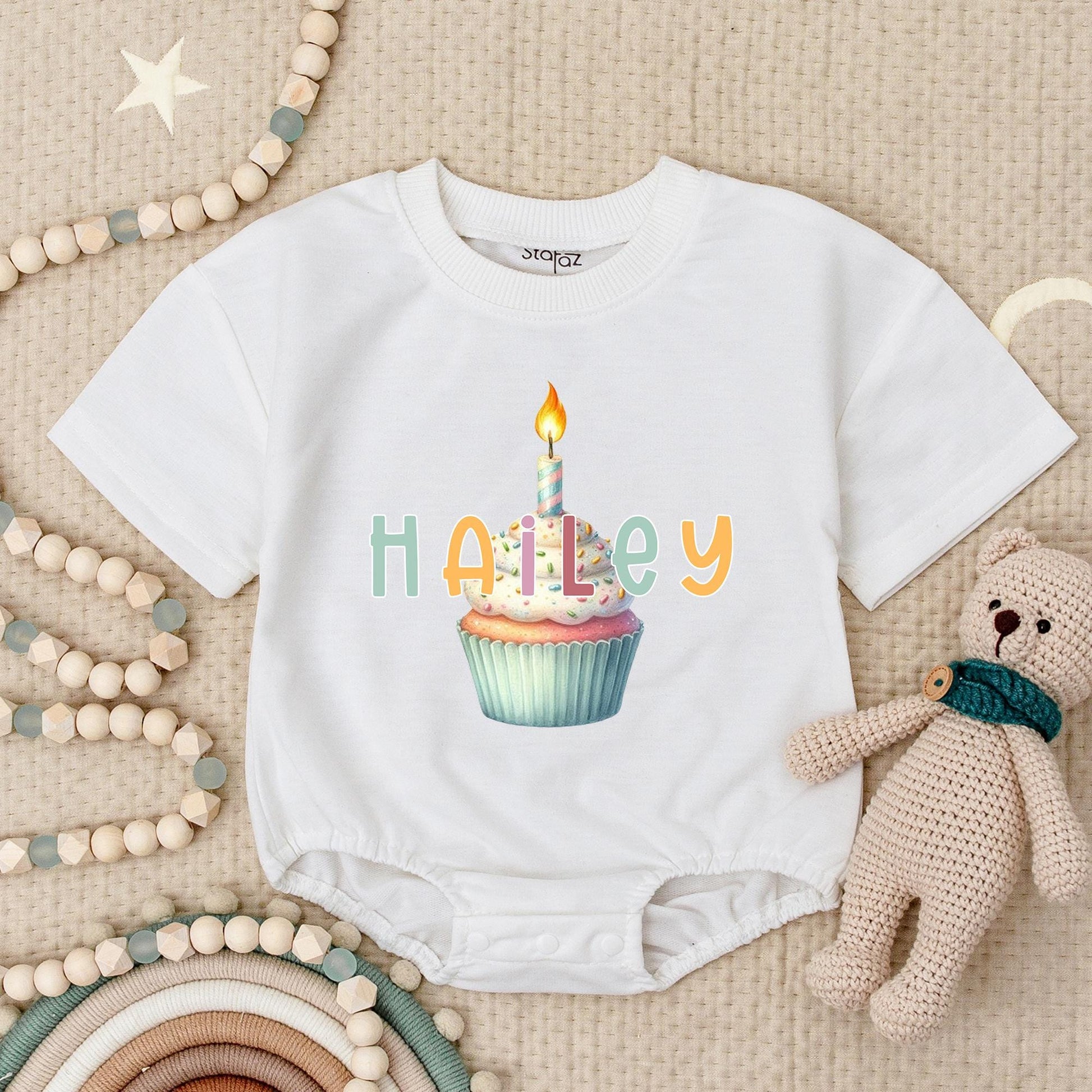 Hailey Personalized Birthday Cupcake Romper Baby Girl's 1st Birthday Outfit with Candle Design, Pastel Colors, Short Sleeve Bubble Romper