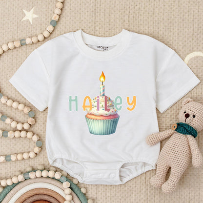 Hailey Personalized Birthday Cupcake Romper Baby Girl's 1st Birthday Outfit with Candle Design, Pastel Colors, Short Sleeve Bubble Romper