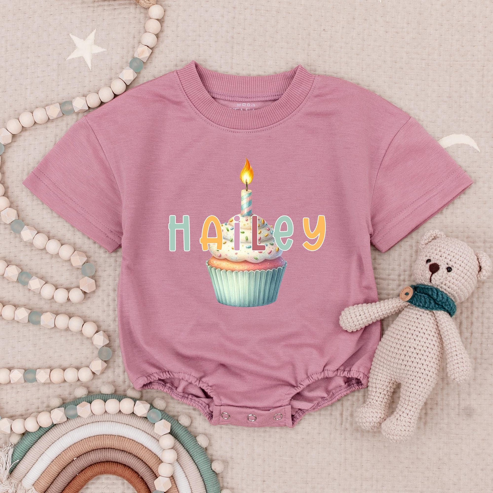 Hailey Personalized Birthday Cupcake Romper Baby Girl's 1st Birthday Outfit with Candle Design, Pastel Colors, Short Sleeve Bubble Romper