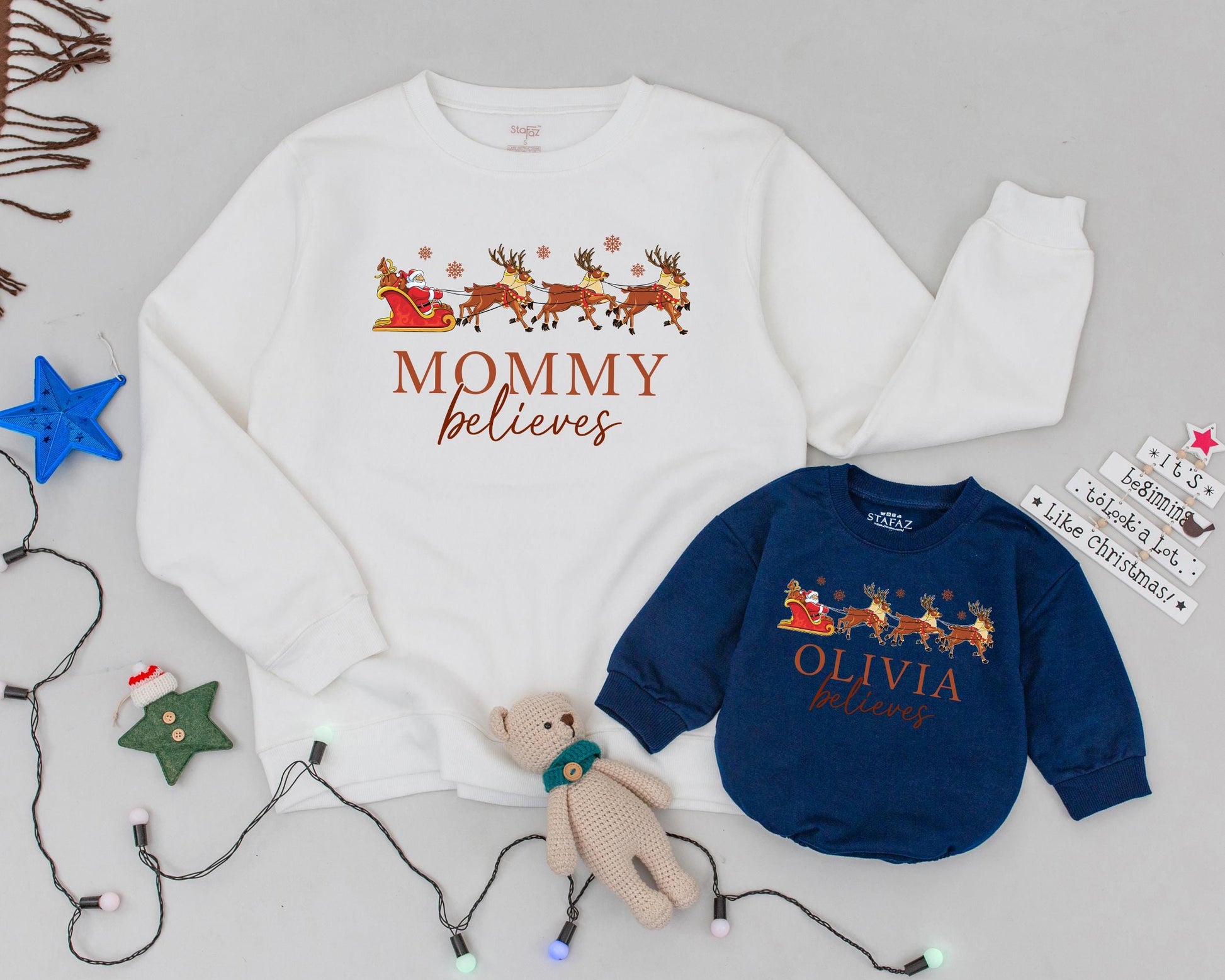 Personalized Mommy and Me Christmas Sweatshirts with Santa & Reindeer Sleigh, Brown Snowflake Believes Design, Matching Mom Baby Daughter Outfits