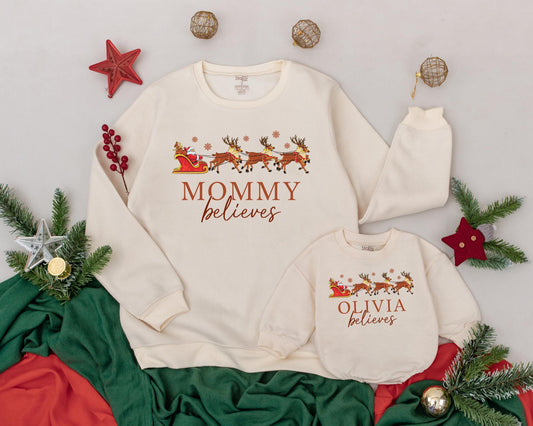 Personalized Mommy and Me Christmas Sweatshirts with Santa & Reindeer Sleigh, Brown Snowflake Believes Design, Matching Mom Baby Daughter Outfits