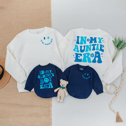 In My Auntie's Boy Era Retro Matching Outfit for Cool Nephew! 70s Vibe Baby Romper, Auntie And Nephew Fun, Baby Shower Gift, Vintage-Inspired, Blue