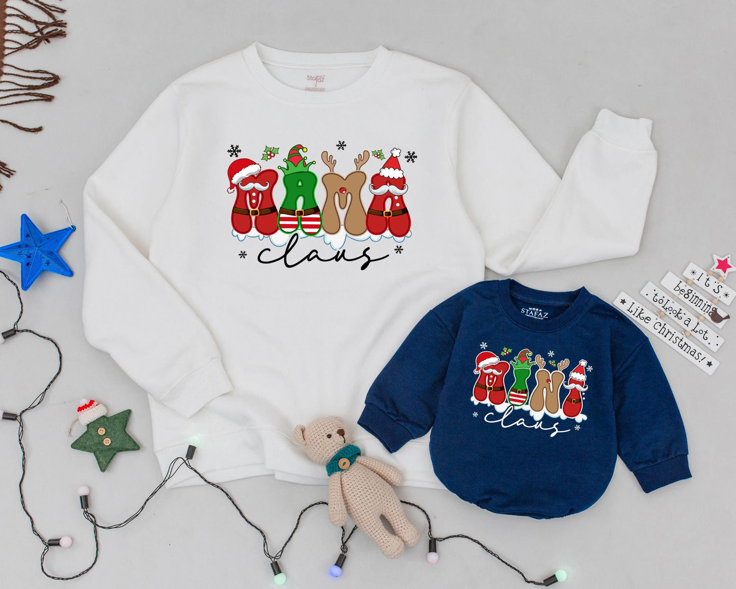 Personalized Mama Claus Mini Matching Christmas Sweatshirt Mom Baby Girl Outfit Festive Holiday Family Look Playful Santa Elf Vintage Style