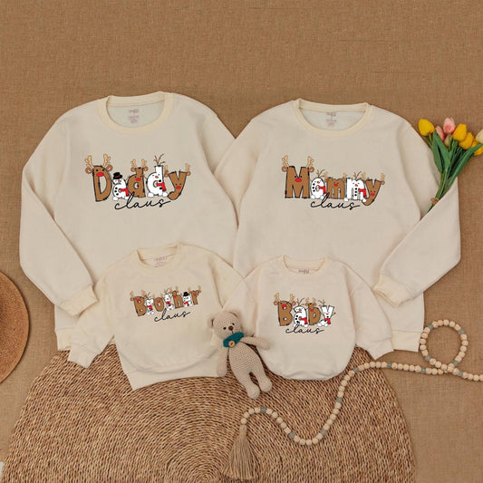 Claus Family Matching Christmas Sweaters: Boho Holiday Outfits for Daddy, Mommy, & Baby with Reindeer Antler Accents - Whimsical Xmas Gifts