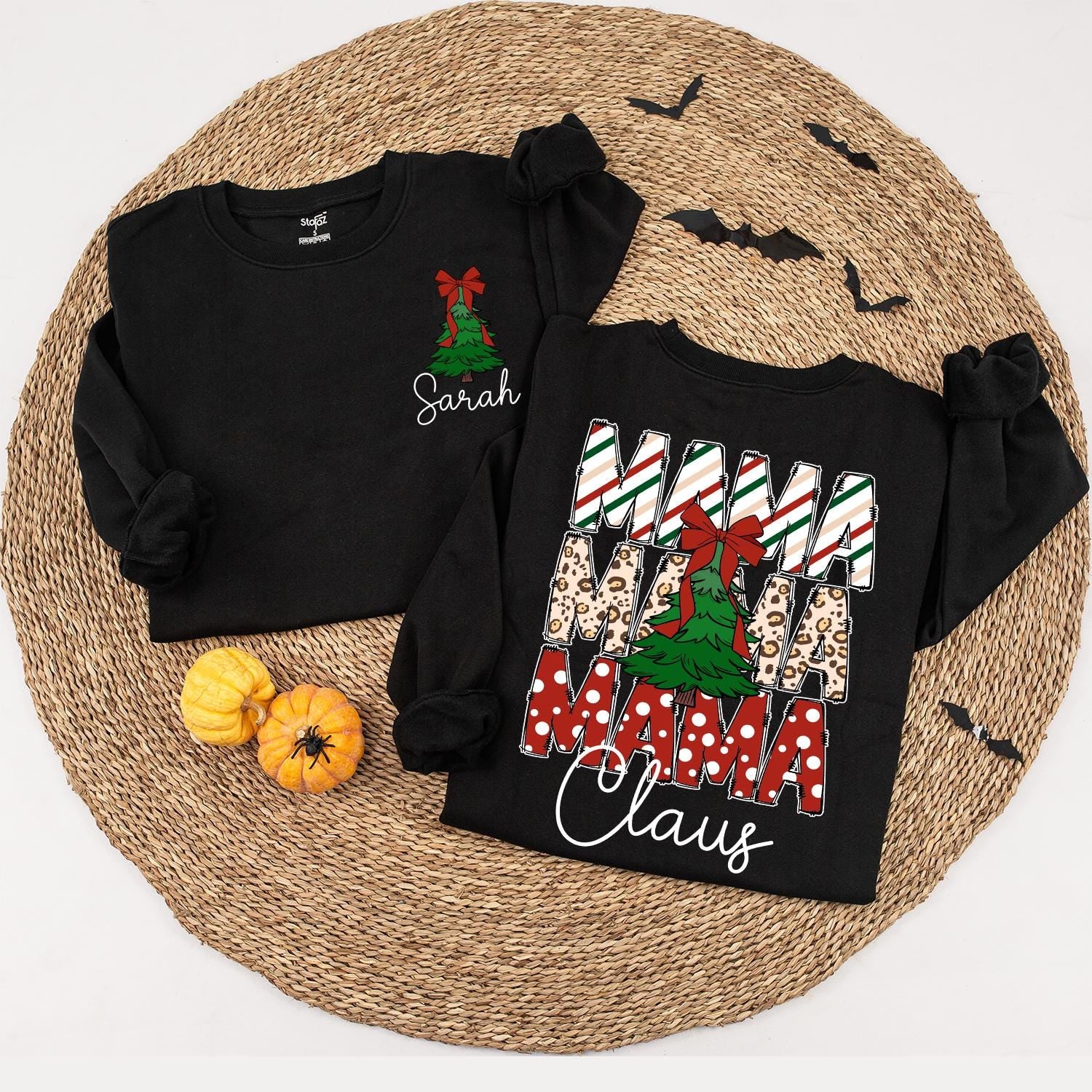 Trendy Christmas Mama Sweatshirt with Leopard Print Tree Bow, Mini Claus Matching Family Outfits, Girly Festive Holiday Sweater, Cute Personalized Sarah 139 chars