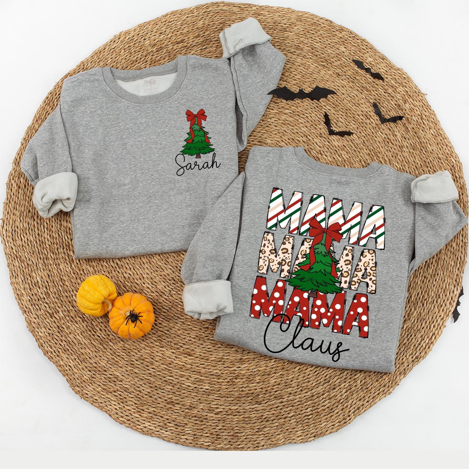 Trendy Christmas Mama Sweatshirt with Leopard Print Tree Bow, Mini Claus Matching Family Outfits, Girly Festive Holiday Sweater, Cute Personalized Sarah 139 chars