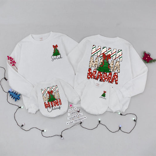 Trendy Christmas Mama Sweatshirt with Leopard Print Tree Bow, Mini Claus Matching Family Outfits, Girly Festive Holiday Sweater, Cute Personalized Sarah 139 chars