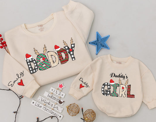 Custom Daddy and Daddy's Girl Matching Christmas Sweatshirts with playful buffalo check and fair isle reindeer design for baby daughter