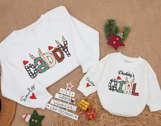 Custom Daddy and Daddy's Girl Matching Christmas Sweatshirts with playful buffalo check and fair isle reindeer design for baby daughter