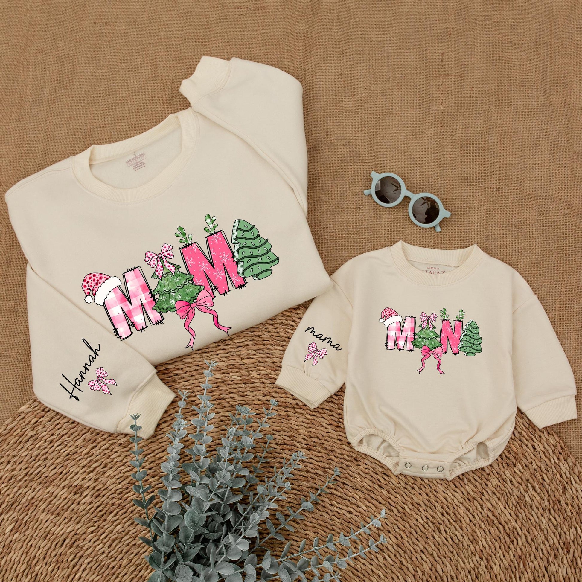 Personalized Mommy and Me Christmas Sweatshirt, Festive Mama Mini Letters, Pink Bows, Santa Hat, Tree and Snowflake Plaid, Cozy Baby Girl Holiday Gift