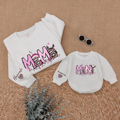 Personalized Pink Leopard Christmas Mama Mini Matching Sweatshirt Baby Girl Bubble Romper Holiday Outfit with Whimsical Antlers Santa Hats Snowflakes