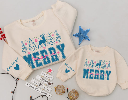 Personalized Merry Mama Mini Matching Christmas Sweatshirt Mom Baby Outfit Daughter Girl Romper Gift with Blue Trees Reindeer Snowflakes Stars Design