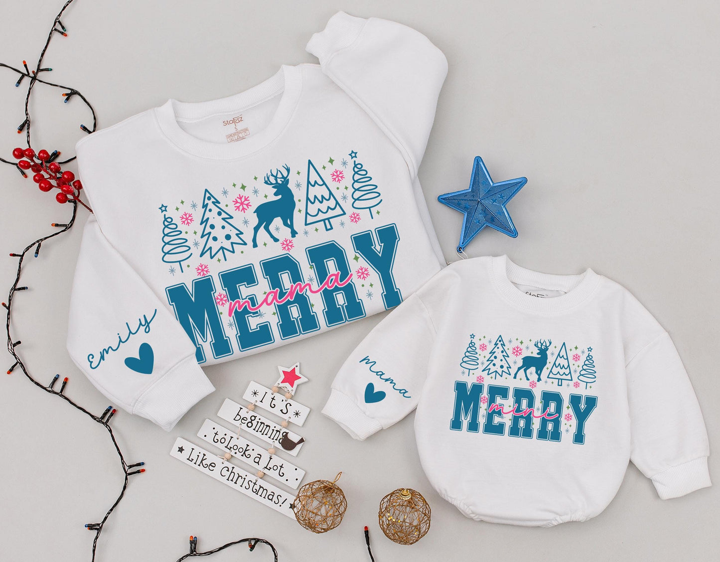 Personalized Merry Mama Mini Matching Christmas Sweatshirt Mom Baby Outfit Daughter Girl Romper Gift with Blue Trees Reindeer Snowflakes Stars Design
