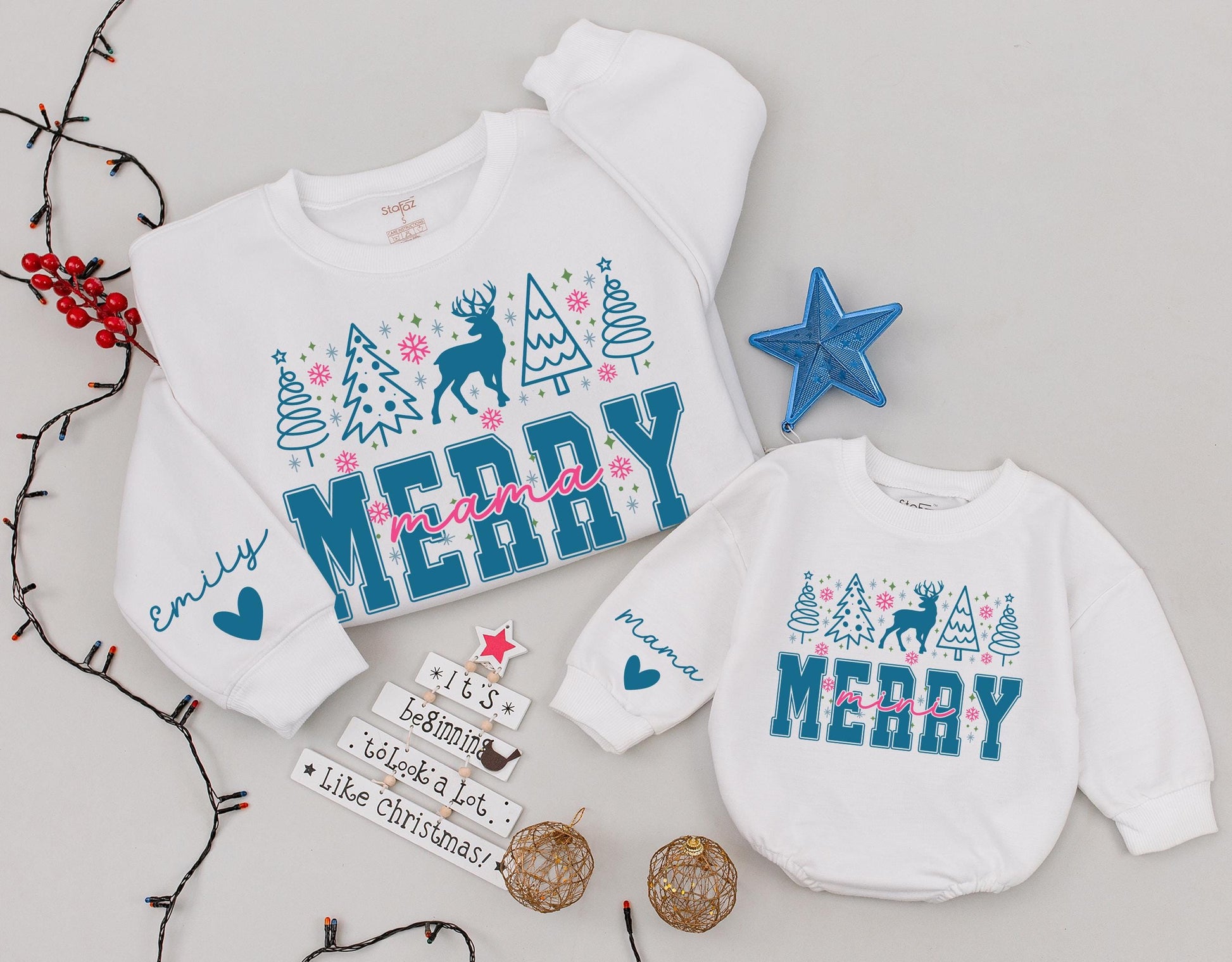 Personalized Merry Mama Mini Matching Christmas Sweatshirt Mom Baby Outfit Daughter Girl Romper Gift with Blue Trees Reindeer Snowflakes Stars Design