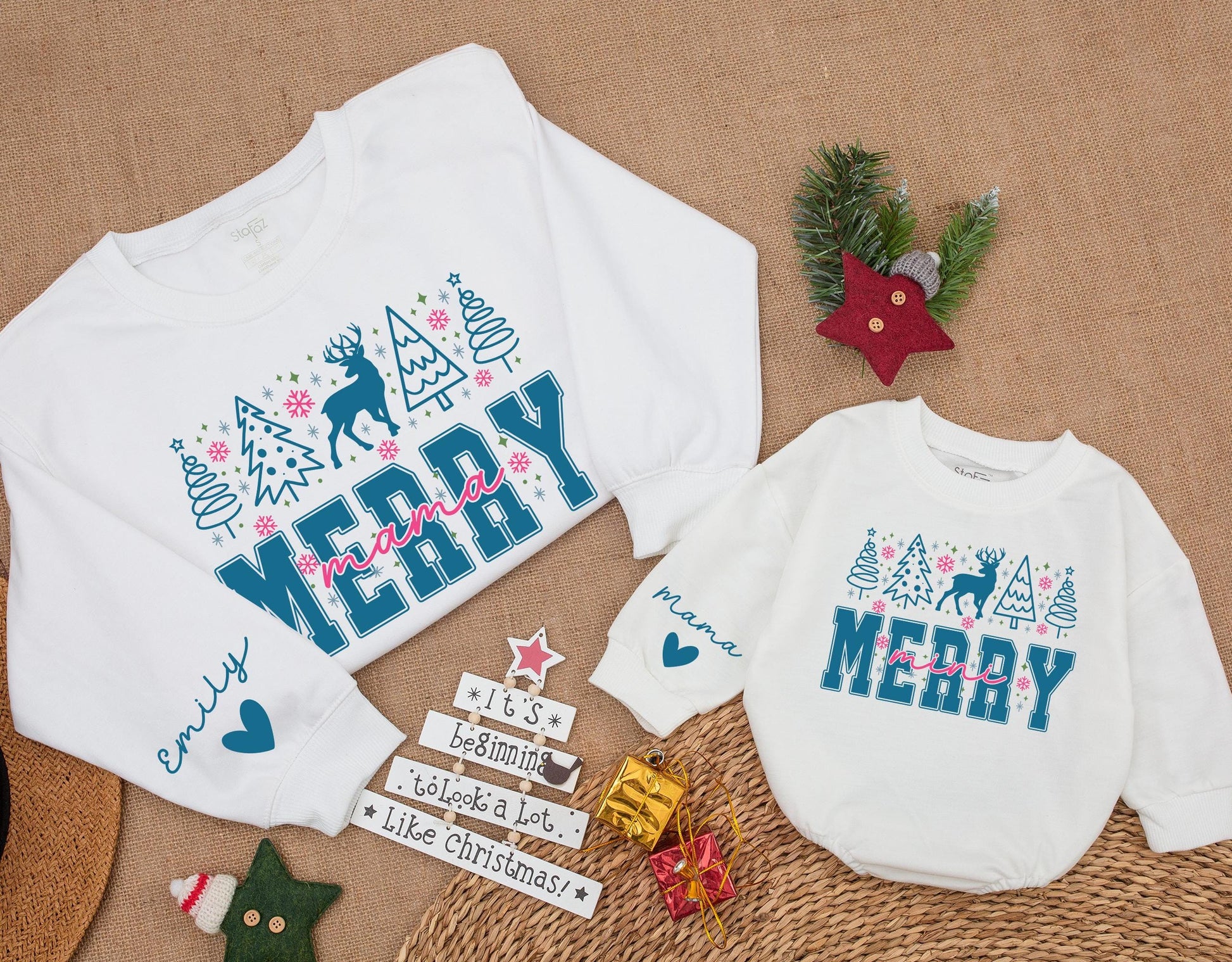Personalized Merry Mama Mini Matching Christmas Sweatshirt Mom Baby Outfit Daughter Girl Romper Gift with Blue Trees Reindeer Snowflakes Stars Design