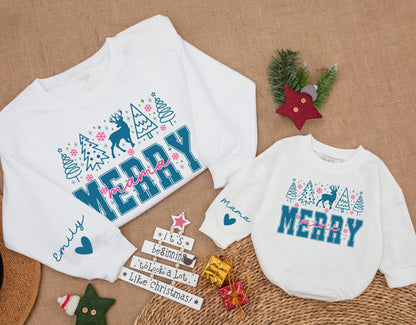 Personalized Merry Mama Mini Matching Christmas Sweatshirt Mom Baby Outfit Daughter Girl Romper Gift with Blue Trees Reindeer Snowflakes Stars Design