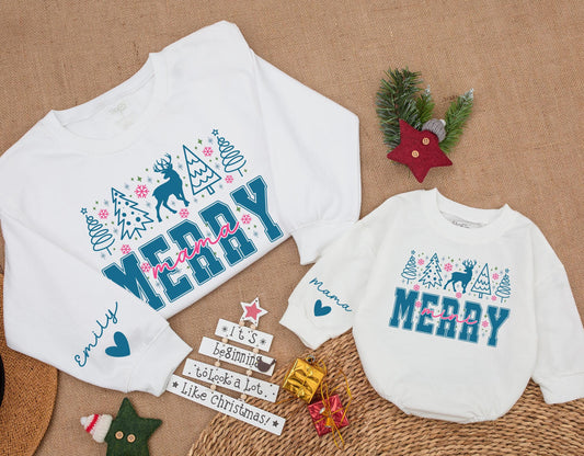 Personalized Merry Mama Mini Matching Christmas Sweatshirt Mom Baby Outfit Daughter Girl Romper Gift with Blue Trees Reindeer Snowflakes Stars Design