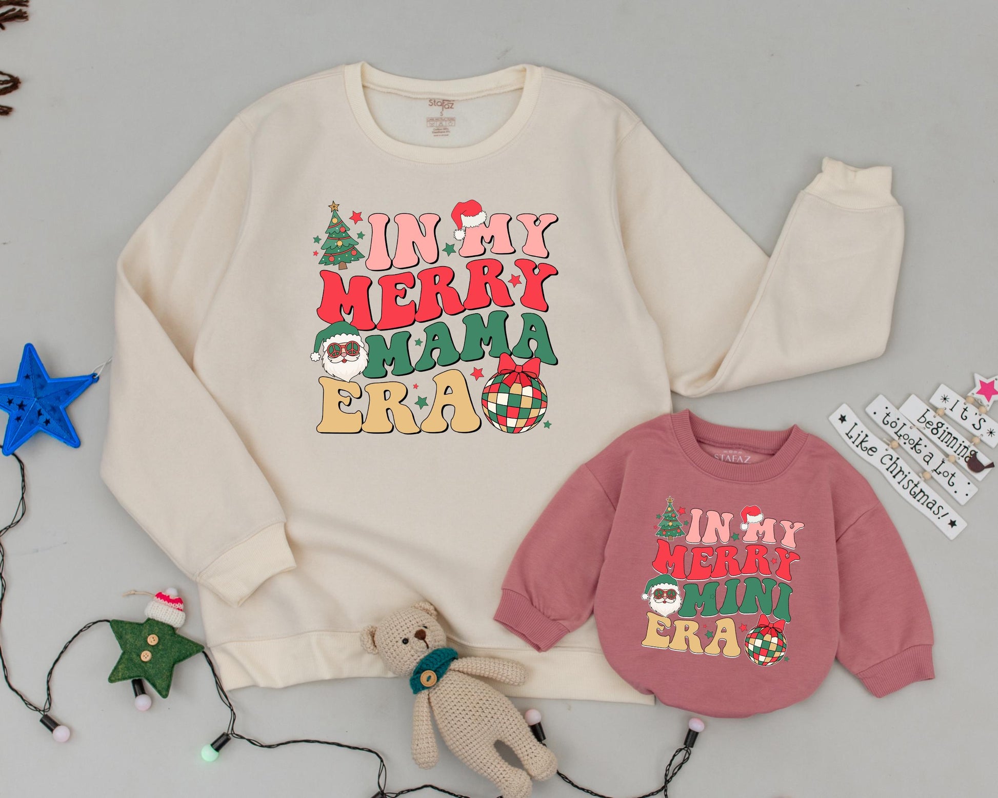 Personalized In My Merry Mama Mini Era Mommy and Me Christmas Sweatshirt Baby Romper Set Retro Vintage Holiday Tree Santa Plaid Festive Outfit