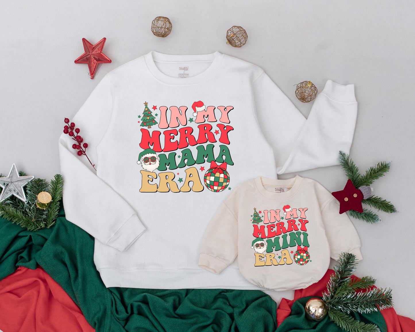 Personalized In My Merry Mama Mini Era Mommy and Me Christmas Sweatshirt Baby Romper Set Retro Vintage Holiday Tree Santa Plaid Festive Outfit