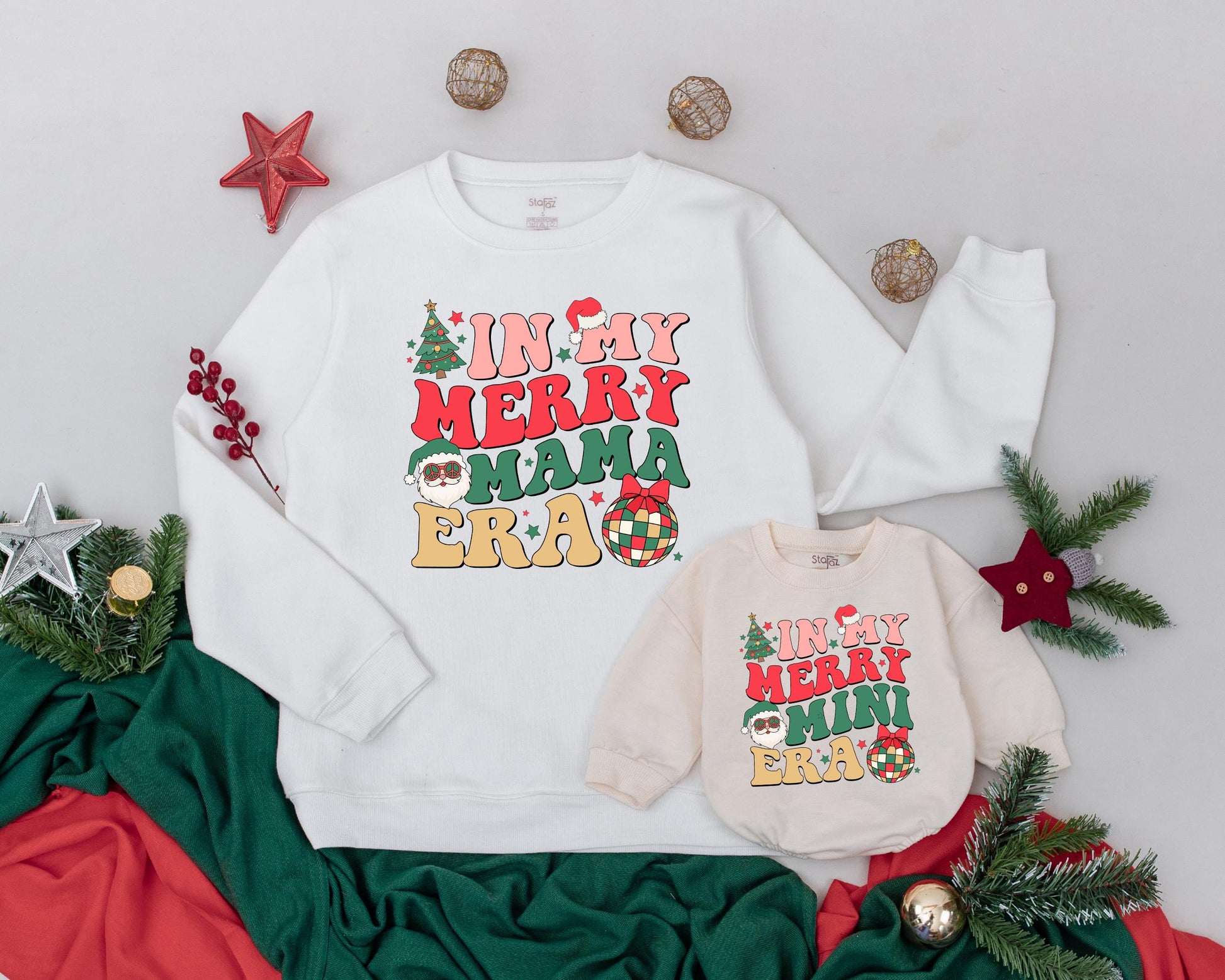 Personalized In My Merry Mama Mini Era Mommy and Me Christmas Sweatshirt Baby Romper Set Retro Vintage Holiday Tree Santa Plaid Festive Outfit