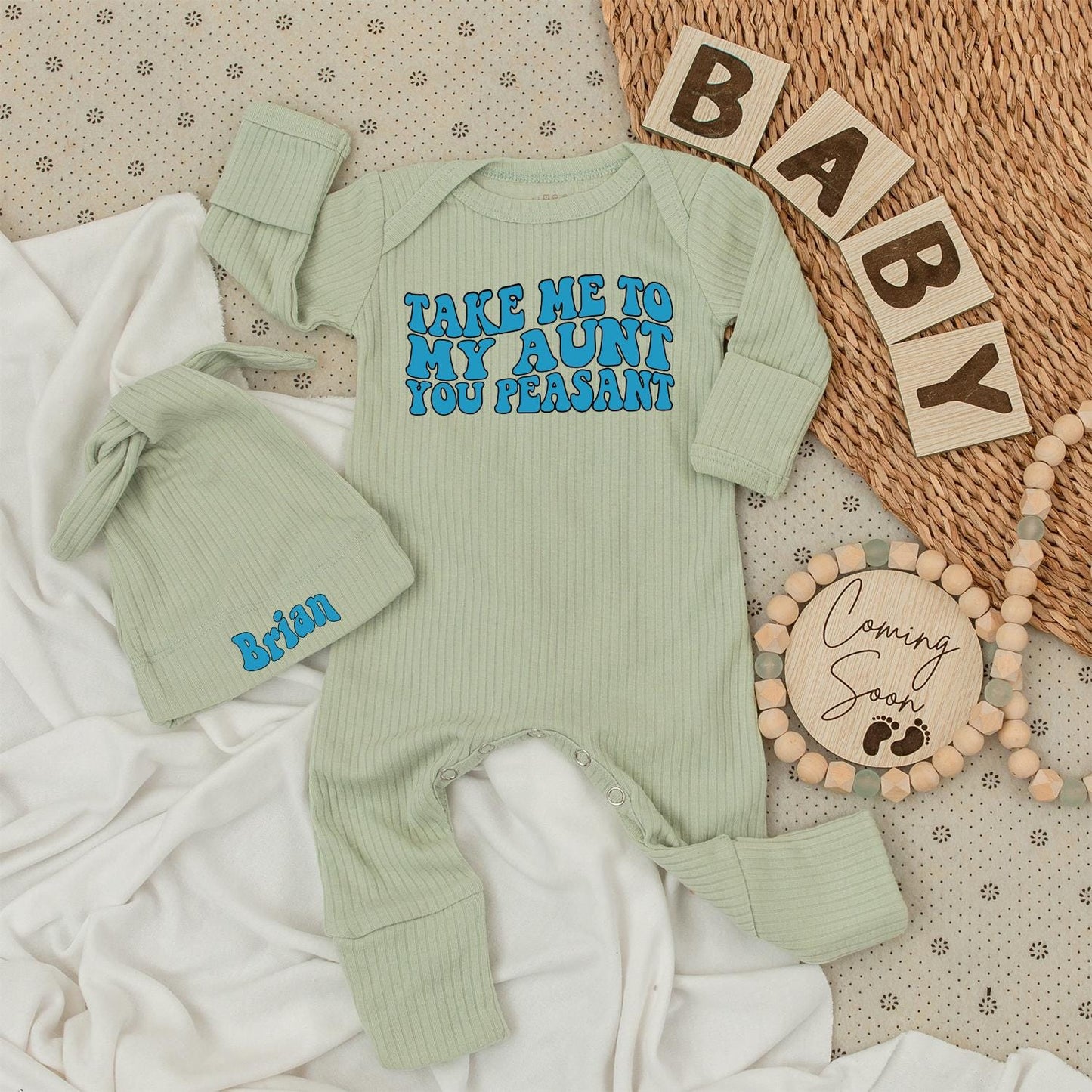 Custom Brian Name Baby Bodysuit and Hat Set with Funny Take Me To My Aunt Peasant Blue 70s Retro Style Outfit Newborn Shower Gift