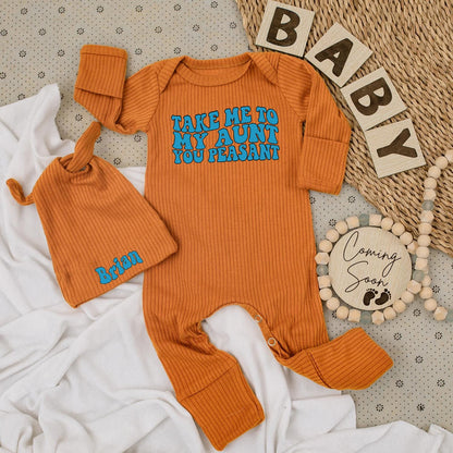 Custom Brian Name Baby Bodysuit and Hat Set with Funny Take Me To My Aunt Peasant Blue 70s Retro Style Outfit Newborn Shower Gift